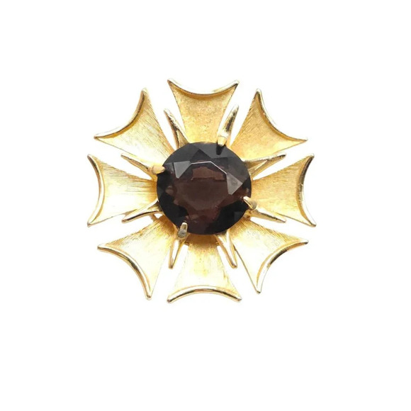 BSK Smokey Stone Textured Maltese Cross Flower Brooch Pin Gold Tone Vintage - Picture 2 of 6